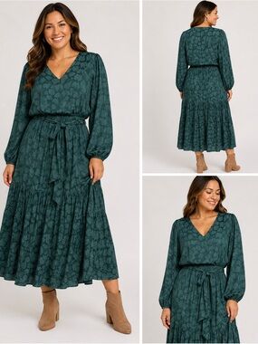 Banana Republic M Tall Emerald Green Floral Puff Sleeve Midi Maxi Dress